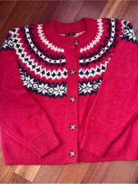 Red Fair Isle Button-Front Women’s Sweater